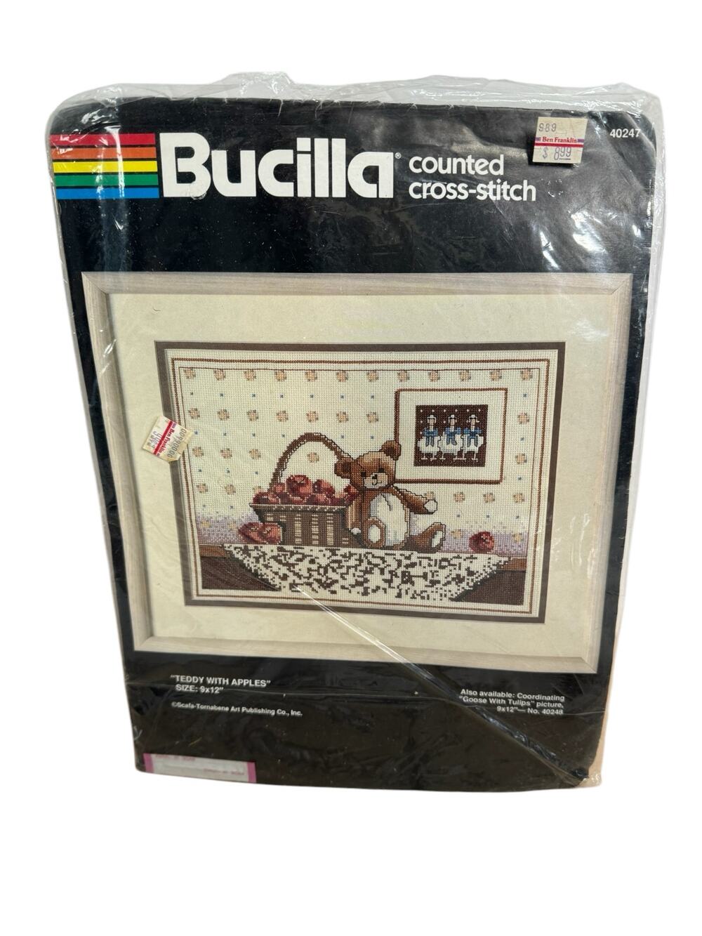 BUCILLA Vintage Teddy With Apples #40247 New Opened Counted Cross Stitch Kit
